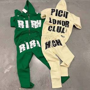 Haute qualité grande taille Street Style hommes Zipper survêtements personnaliser sérigraphié coton polaire lavage à l'acide hiver deux pièces ensembles - Product Image 5