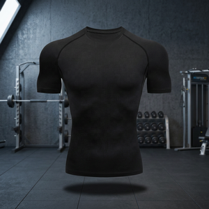 T-shirt de compression à manches courtes noir pour homme, coupe ajustée, séchage rapide, sportif, col rond, tricoté en polyester - Product Image 3