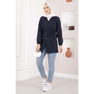 Camisa de Mujer Azul Marino con Detalle Acanalado y Cordones, Corte Holgado, Larga, de Algodón y Lino, Tejido de Punto, Estampado de Moda, Otoño-Primavera, con Botones y Logotipo - Product Image 1