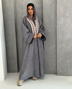 Abaya en soie grise de qualité supérieure taille XXL robe longue brodée à la main pour adultes vêtements musulmans traditionnels - Product Image 5