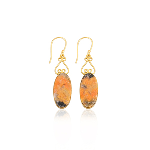 Boucles d'oreilles bohèmes en laiton avec jaspe abeille, bijoux ethniques faits à la main, plaqué or de haute qualité, commande en gros - Product Image 1