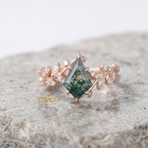 Anillo de Compromiso de Oro Sólido de 14K con Ágata Musgosa Corte Cometa y Ramas Florales, Anillo Nupcial Inspirado en la Naturaleza con Diamantes - Product Image 2
