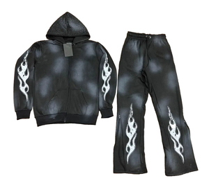 2025 personnalisé lavé à l'acide Vintage survêtement hommes Streetwear en détresse coupe et coudre Patchwork à capuche et pantalon de survêtement ensemble - Product Image 2