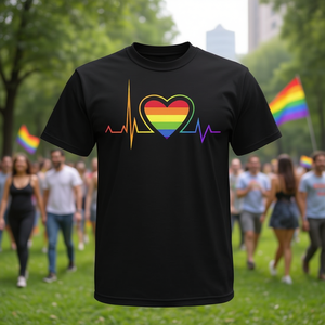 Camiseta LGBT con Diseño de Latido de Corazón, EKG, Bandera Arcoíris, Negra, Talla Mediana, Unisex, Cuello Redondo, Manga Corta, Promocional para Adultos - Product Image 3