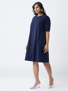 ชุดเดรสเอไลน์ผ้าฝ้ายสีกรมท่า - Product Image 2