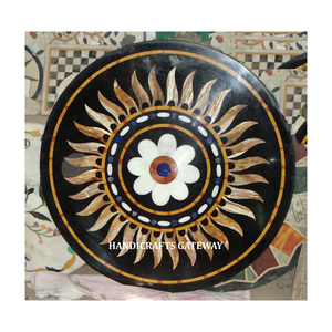 Beautiful Design Home Office and Hotel Decoration Purpose Bulk Quantity Black <b>Marble</b> <b>Table</b> <b>Top</b> Sun Design Inlay Work Round Shape - Product Image 1