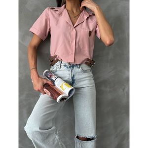 Blusa TOPSHOW Rosa Pastel con Detalle de Cinturón para Mujer - Elegante Camisa de Manga Larga con Botones en Mezcla de Algodón - Product Image 4