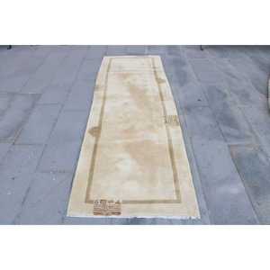 พรมตุรกีวินเทจขนาด 2.7x8.1 ฟุต, พรมปูพื้น, พรมขนสัตว์สีเบจน้ำตาลออมเบร - Product Image 1