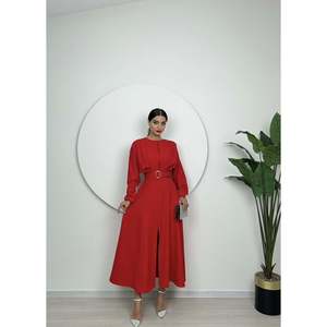 Vestido Largo Plisado Rojo con Cinturón para Mujer missJANELL, Elegante Vestido Largo en Tela de Poliéster y Elastano Doble Atlas - Product Image 1