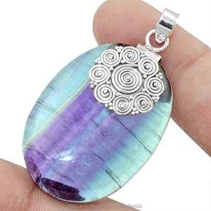 Colgante Ovalado de Fluorita Natural, Piedra Curativa, Gema de Fluorita, Colgante de Plata para Mujer, Colgante de Plata Maciza Hecho a Mano - Product Image 3
