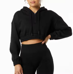 Sweat-shirt à capuche court en coton avec logo personnalisé pour femmes, sweat-shirt à capuche court zippé et décontracté du Bangladesh - Product Image 1