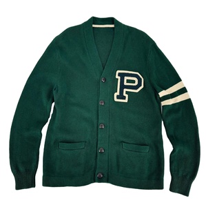 Cardigan tricoté unisexe 100 % coton personnalisé OEM, col en V, manches longues, coupe ample, avec patch intarsia lettré, léger pour l'automne - Product Image 1