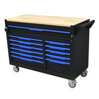 Coffre à outils mobile professionnel noir et bleu à douze tiroirs avec plan de travail en bois pour l'organisation de garage et d'atelier
