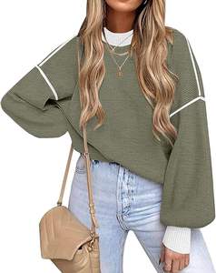 Suéter de manga larga de murciélago de gran tamaño para mujer para otoño 2025, Tops de punto a rayas con cuello redondo para invierno - Product Image 5