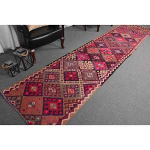 Vintage Kilim <b>Runner</b> Rug 3.1x13.1 ft (94x399 cm), Turkish <b>Red</b> Striped Wool Rug - Product Image 5