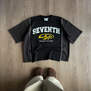 Custom Streetwear <b>T</b> <b>Shirt</b> For Men Acid Wash Vintage <b>Cropped</b> <b>Fit</b> With Cut And Sew Patchwork Asymmetry Panel Distressed Design - Product Image 1