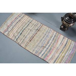 Alfombra turca vintage de 1,9x4,4 pies, diseño de retazos clásico hecho a mano blanco rústico para entrada de adolescentes, Material de lana, respaldo de látex - Product Image 4