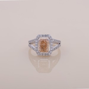 IGI Certified Radiant Cut Peach Diamond Halo Engagement & Wedding <b>Ring</b> in 14K White / Rose & Yellow Gold - Product Image 1
