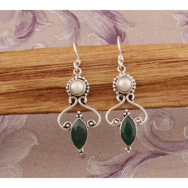 925 Sterling Silver Emerald & Ngọc Trai Đá Quý Bông Tai Thiết Kế Handmade Bông Tai Món Quà Ý Tưởng Đồ Trang Sức Cô Dâu Món Quà Kỷ Niệm