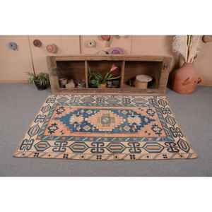 Tapis Vintage en Laine Turque 4X6 pieds Style Classique Bleu Beige Patchwork Design Plat Armure Latex pour Décorations de Salon - Product Image 4