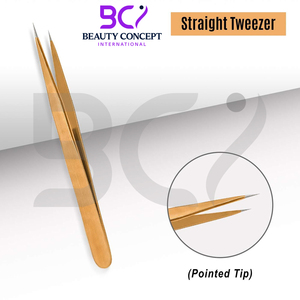 Pince à épiler d'extension en acier inoxydable de couleur dorée et de 2 pinces à épiler à pointe incurvée avec propre logo. - Product Image 3