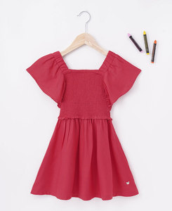 Girls <b>Red</b> Off-Shoulder Smocked Cotton Eco-Friendly <b>Dress</b> with Regular Sleeves Beach Mini Solid Color Cute Summer Style - Product Image 1