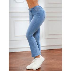 Vaqueros de mezclilla lavados de cintura alta estilo vintage chic para mujer, color azul hielo, con corte acampanado, estilo callejero, tallas 26 a 40 - Product Image 4