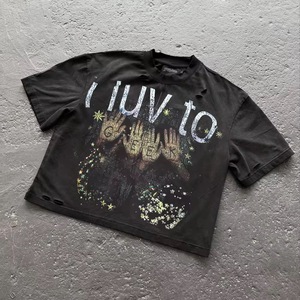 Camiseta Negra de Algodón 100% Tejido, Estampado DTG con Gráficos de Pedrería, Estilo Vintage, Personalizada, de Alto Gramaje, Lavado Ácido, Efecto Desgastado, Streetwear - Product Image 6