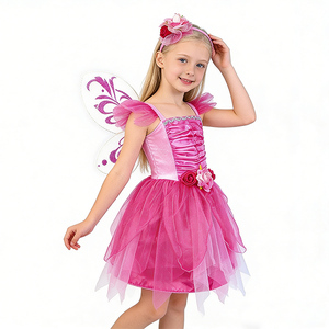 Stokta Çocuklar İçin Sıcak Pembe Gül Peri Kostümü Saten Gövde ve Tül Etek - Product Image 3