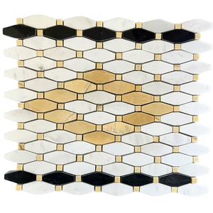 Mosaico de piedra moderno con diseño de flor de agua, pulido en blanco lechoso, con detalles en amarillo claro y negro para pared interior de baño. - Product Image 1