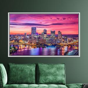 City Skyline <b>Canvas</b> Print: Vibrant Urban Nightscape Wall Art,WHITE <b>FRAMED</b> <b>CANVAS</b> - Product Image 1