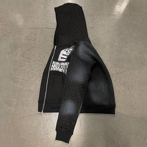 Nouvelle mode hommes 100% coton sweat à capuche zippé lavage à l'acide broderie Logo Patch plein strass Style à revers avec motif imprimé - Product Image 3