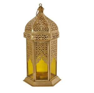 Farol de Vela Marroquí de Metal Dorado de Diseño Único, para Mesa y Colgante, Decoración para el Hogar y el Jardín, con Vidrio de Colores - Product Image 4