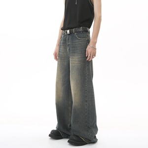 Pantalon en jean décontracté coupe droite style streetwear avec logo personnalisé, délavage vieilli pour usage quotidien - Product Image 1