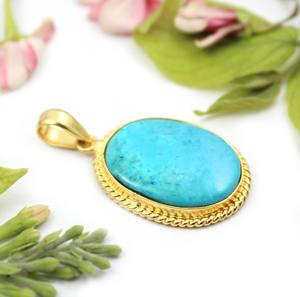Vintage Design Turquoise Gemstone 24K Gold Plated Oval Shape Brass Metal Pendant Jewelry <b>for</b> <b>Women</b> Wholesale Bulk - Product Image 1
