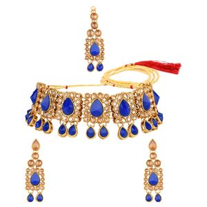 Joyería India Kundan cristal gargantilla collar pendientes Maang Tikka cabeza cadena Bollywood Boda nupcial conjunto - Product Image 1