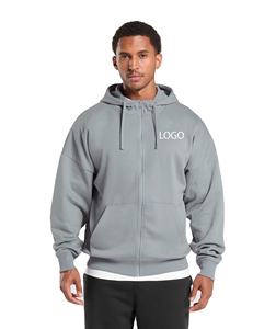 Mens <b>Grey</b> Full Zip Hoodie With Drawstrings Custom Logo Oversized <b>Sweatshirt</b> Jacket Split Kangaroo Pocket Casual Streetwear - Product Image 1