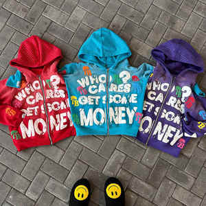 Custom Zip Up Sun Faded Streetwear Puff Imprimir Diseño Serigrafía Manga Grueso Fleece Cut Edge Baggy Cropped Hoodie - Product Image 1