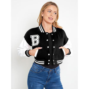 เสื้อแจ็คเก็ตวาร์ซิตี้แบบครอป ดีไซน์ล่าสุด สำหรับทีมกีฬา  แบบคอตั้ง ติดกระดุมแป๊ก  สำหรับผู้หญิง - Product Image 1