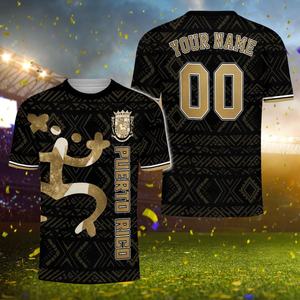 Maillot de football de Porto Rico avec motif tribal Tano noir et or, nom et numéro personnalisés - Product Image 1