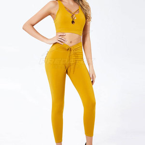 New Design Customized Logo Solid Women Yoga Set Elastic Waist Front Logo Quick Dry Breathable High Quality 2-Piece Set - Product Image 1