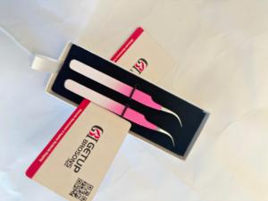 High Quality GETUP BROSONS IMPEX GBI-EET-25004 <b>Pink</b> <b>Powder</b> Coating Eyelash Tweezers 90 Degree Stainless Steel Smooth Tip 10mm - Product Image 2