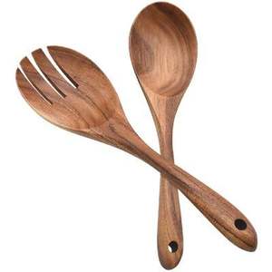 Ensemble de 2 serveurs à salade tendance en métal et bois, best-seller, cuillère et fourchette à salade en bois, vaisselle - Product Image 6
