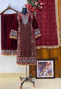 Salwar Kameez en velours pour femmes, tenue de fête de créateur, travail lourd, avec dupatta, costume Sharara, haut-palazzo, costume pakistanais pour l'Aïd - Product Image 2