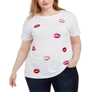 INC International Concepts Women's Plus Size White <b>Top</b> with <b>Sequin</b> Lips Size 0X Blouse & Shirt - Product Image 1