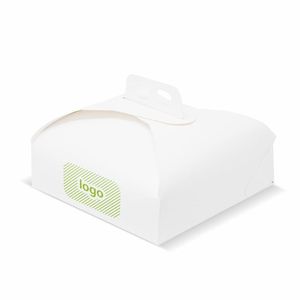 Boîtes à gâteaux personnalisées brillantes blanches avec poignée en matériau recyclé imprimées UV en 1 couleur - Product Image 1