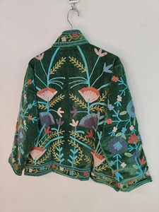 Chaqueta de Terciopelo Verde con Bordado Floral, Cuello Mandarín, Manga Larga, Estilo Bohemio, Ropa Exterior Informal para Mujer, Ropa de Otoño - Product Image 3