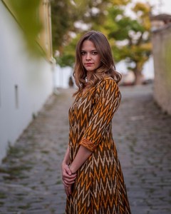 Hand Loom Ikat Revati Dress Calf Length Bohemian Brown Yellow White Pure Cotton Casual Occasional Handmade - Product Image 4