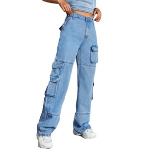 High Quality Street Wear <b>Women</b> <b>Baggy</b> Straight Casual <b>Jeans</b> Mid Rise Multi Pockets Faded Washed Denim Eco-Friendly Breathable - Product Image 4