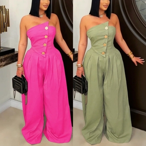 Combinaison de travail d'été décontractée pour femmes personnalisée avec lacets sans manches et pantalon à cordon de serrage à plusieurs poches - Product Image 1